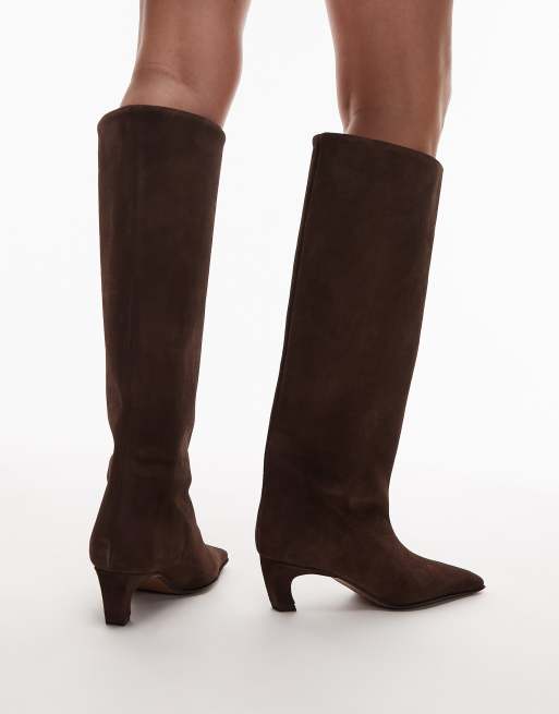 ASOS DESIGN Candace premium pull on chisel toe knee boots in chocolate suede