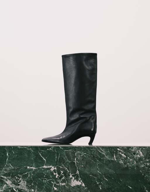 ASOS DESIGN - Candace - Pull-on knielaarzen van premium leer met vierkante neus in zwart, 2 van 4