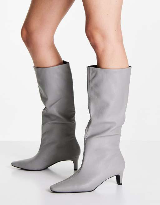 ASOS DESIGN - Candid - Pull-on knielaarzen met halfhoge hak in grijs