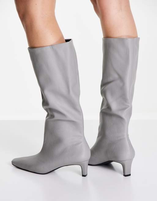 ASOS DESIGN Candid pull on mid heeled knee boots in grey