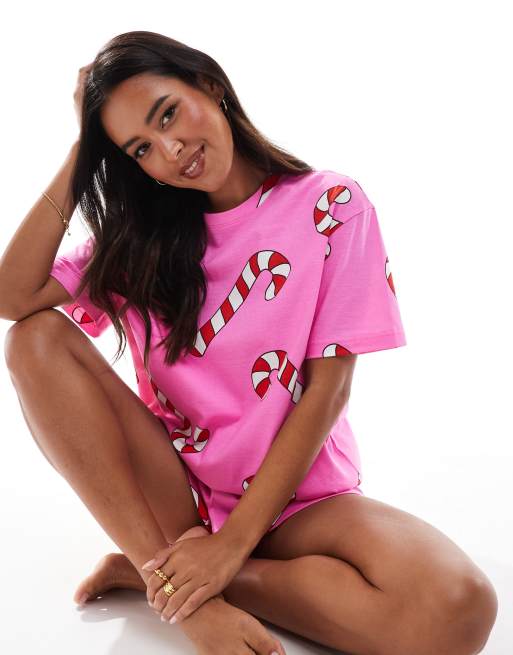 ASOS DESIGN candy cane oversized tee & short pajama set in pink, 2 of 4