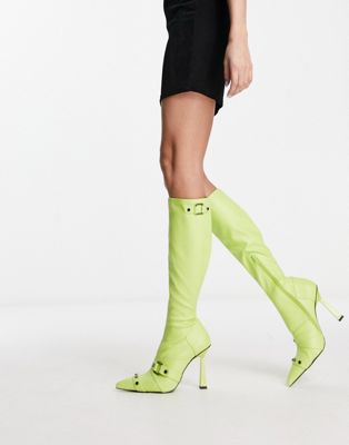 ASOS DESIGN Cannes 2 heeled hardware knee boots in lime | ASOS