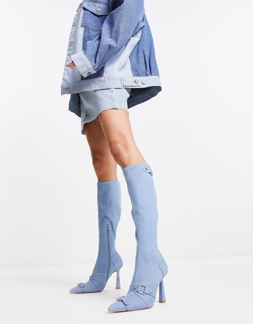 ASOS DESIGN - Cannes - Denim knielaarzen met hak en metalen details