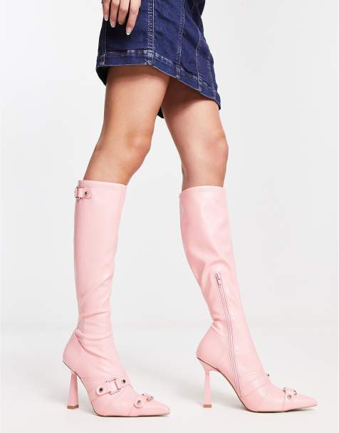 ASOS DESIGN Cannes heeled hardware knee boots in pink - view 1