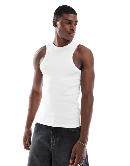 ASOS DESIGN - Canotta a coste attillata bianca con scollo a vogatore