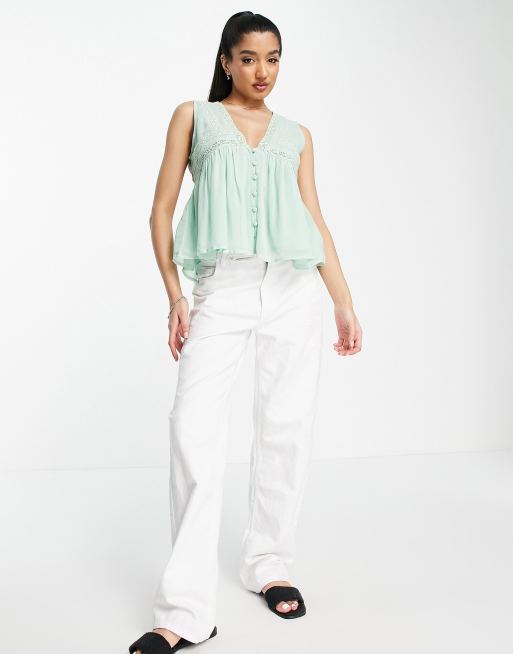 ASOS DESIGN - Canotta a punto smock con bottoni e inserti in pizzo verde salvia, 4 di 4