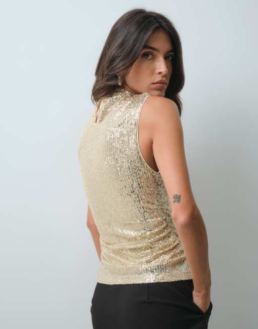 ASOS DESIGN canotta accollata arricciata con paillettes dorate, 5 di 5