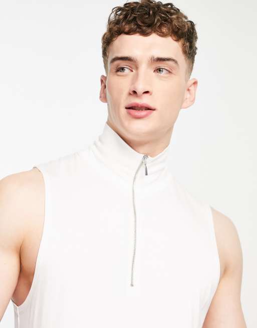 ASOS DESIGN - Canotta accollata color crema in tessuto pesante con zip, 4 di 4