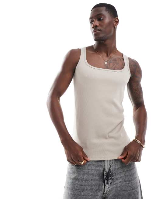 ASOS DESIGN - Canotta aderente a coste color pietra con scollo squadrato