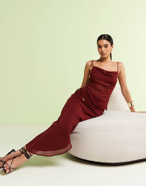 ASOS DESIGN - Canotta asimmetrica in chiffon bordeaux con spalline allacciate in coordinato - view 1