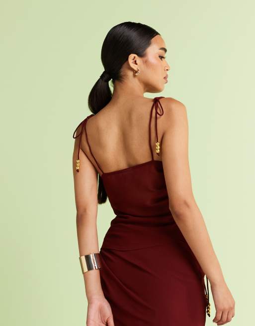 ASOS DESIGN - Canotta asimmetrica in chiffon bordeaux con spalline allacciate in coordinato, 3 di 4