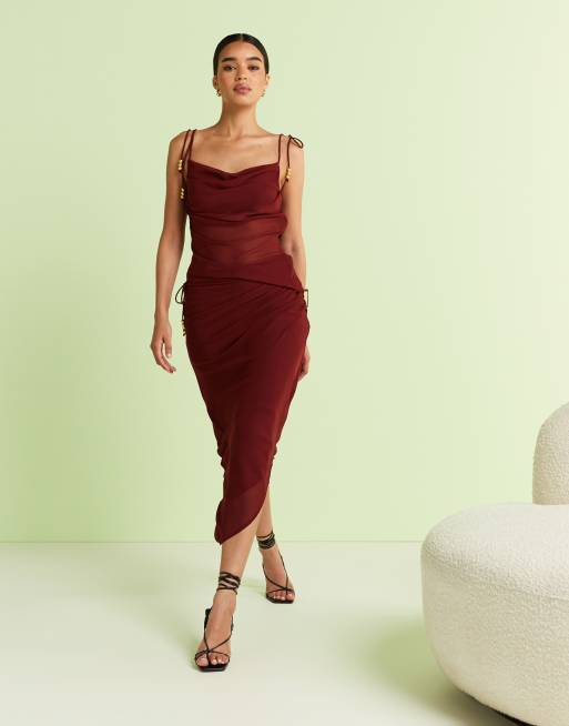 ASOS DESIGN - Canotta asimmetrica in chiffon bordeaux con spalline allacciate in coordinato, 4 di 4