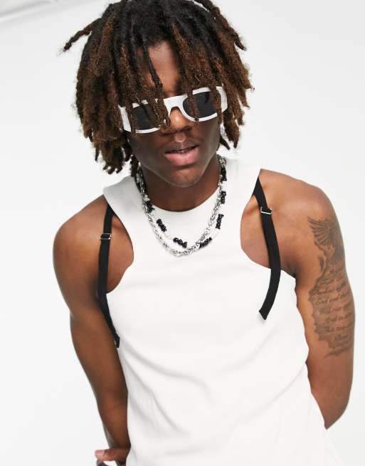 ASOS DESIGN - Canotta attillata a coste crema con fascette 