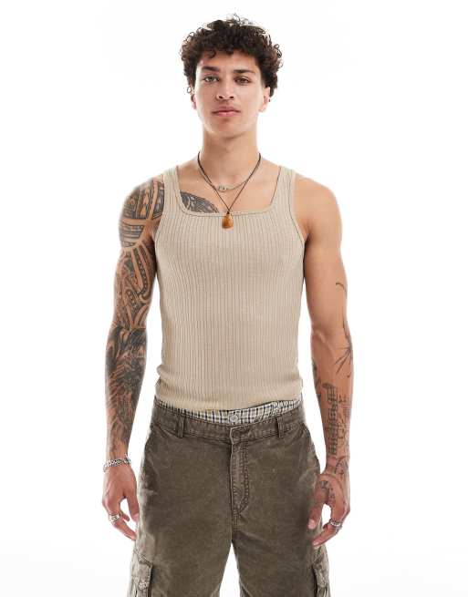 ASOS DESIGN - Canotta attillata beige a coste miste