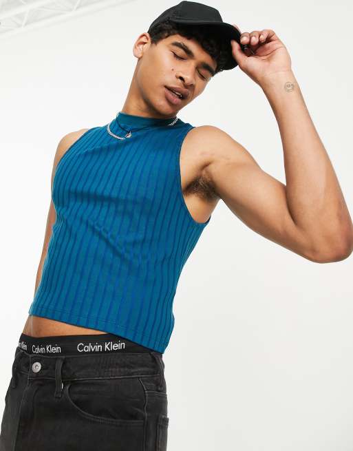 ASOS DESIGN - Canotta attillata blu a coste a doppia tonalità con cut-out sul retro