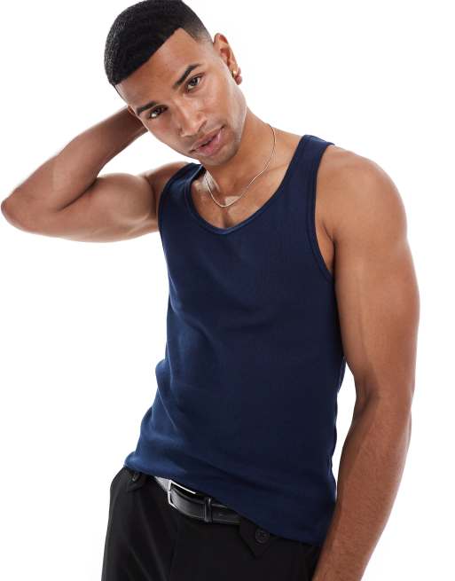 ASOS DESIGN - Canotta attillata blu navy a coste
