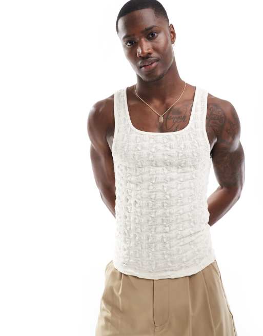 ASOS DESIGN - Canotta attillata con scollo squadrato in tessuto semitrasparente testurizzato