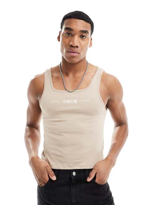 ASOS DESIGN - Canotta attillata grigia a coste con scollo squadrato e scritta sul petto