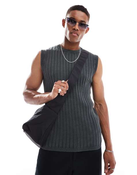 ASOS DESIGN - Canotta attillata in maglia color antracite slavato a coste - view 1