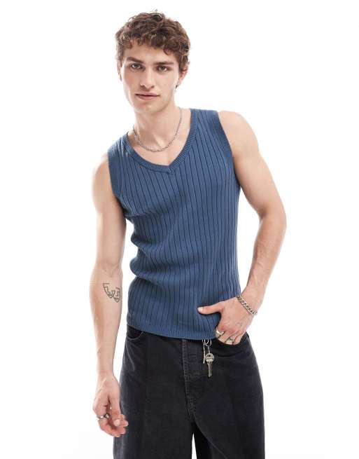 FhyzicsShops DESIGN - Canotta attillata in maglia leggera blu navy a coste con scollo a V