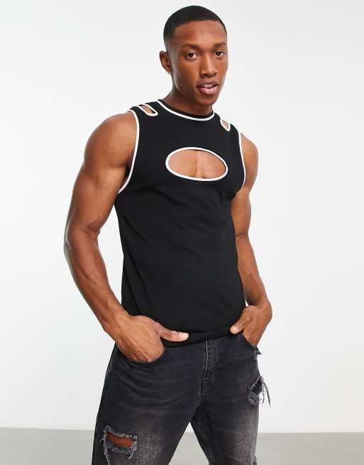 ASOS DESIGN - Canotta attillata nera con nastro e cut-out 