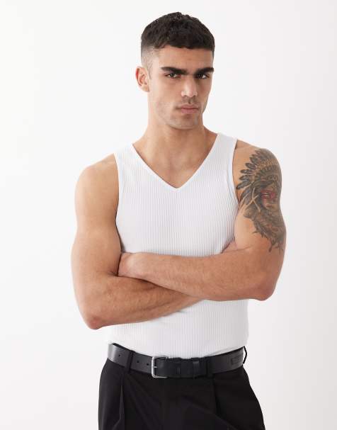 ASOS DESIGN - Canotta attillata pesante con scollo a V bianca a coste - view 1