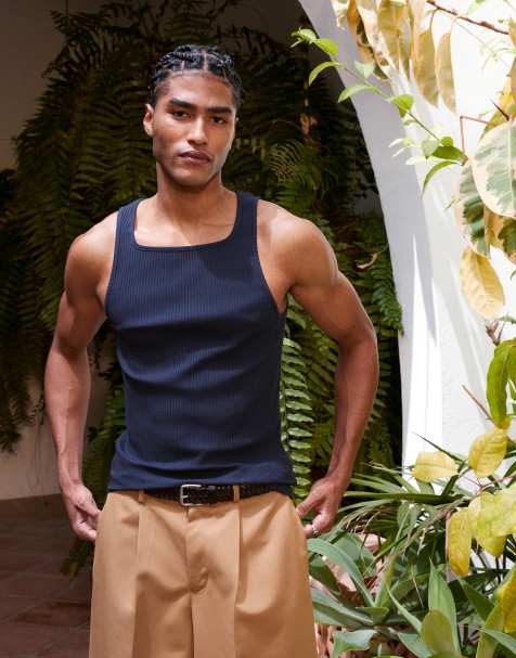 ASOS DESIGN - Canotta attillata pesante con scollo squadrato blu navy a coste - view 1