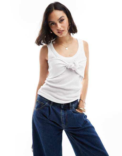 ASOS DESIGN - Canotta bianca a coste con scollo rotondo e nodo sul davanti