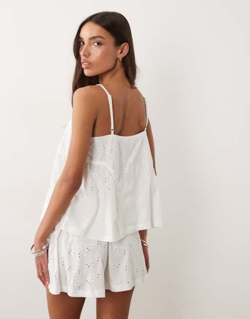 ASOS DESIGN - Canotta bianca in pizzo con pieghe laterali e laccetti in coordinato, 4 di 4