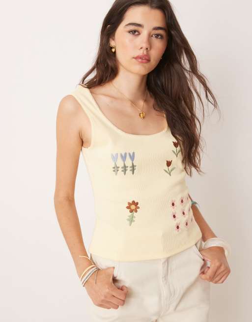 ASOS DESIGN - Canotta color latticello con fiori ricamati