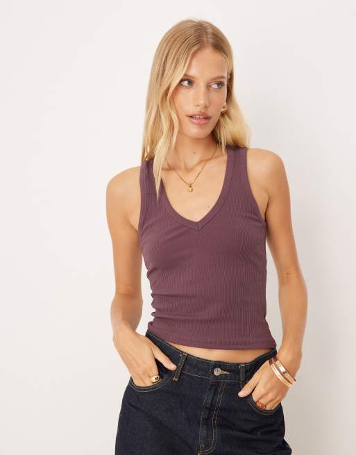 ASOS DESIGN - Canotta color mora a coste con scollo a V