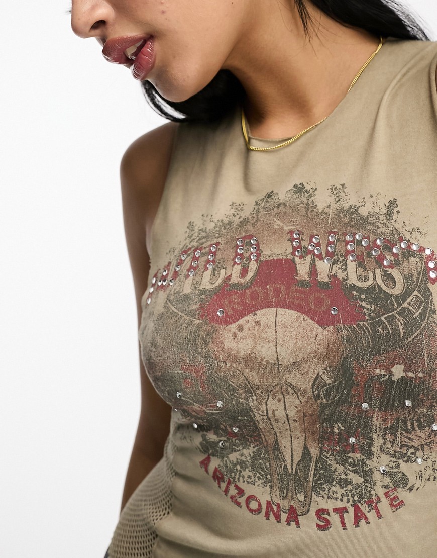 Canotta colore neutro con stampa western, linguette sportive laterali e applicazioni a caldo - ASOS DESIGN T-shirt donna  - immagine1