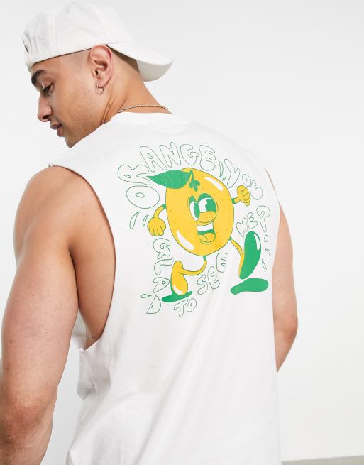 ASOS DESIGN - Canotta comoda in cotone bianco con stampa stile cartone animato arancione - WHITE