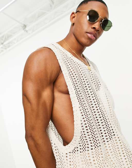 ASOS DESIGN - Canotta comoda in tessuto beige all'uncinetto