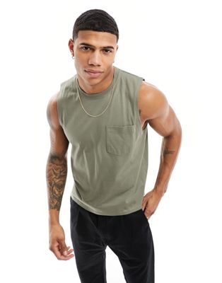 ASOS DESIGN relaxed fit vest with pocket in khaki - ASOS Price Checker