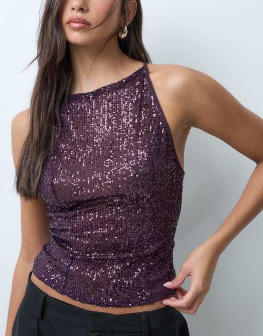 ASOS DESIGN canotta con collo alto e schiena scoperta con paillettes viola, 3 di 5