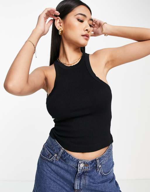 ASOS DESIGN - Canotta con scollo a vogatore nera a coste
