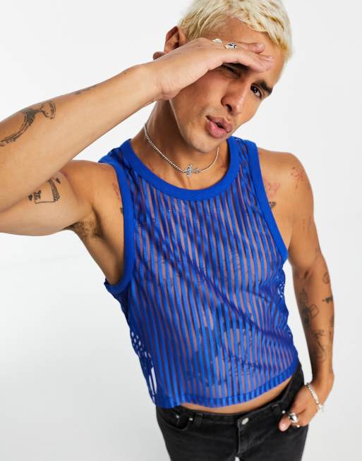ASOS DESIGN - Canotta corta attillata a coste blu trasparente