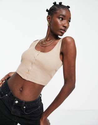 ASOS DESIGN - Canotta corta color cammello con bottoni a pressione