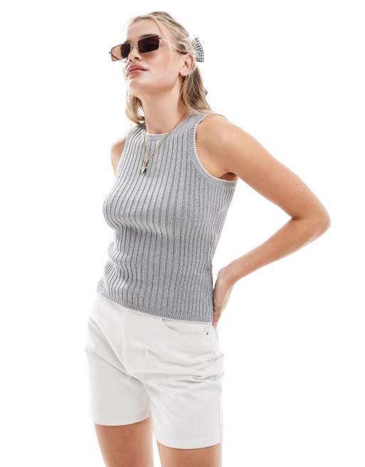 ASOS DESIGN - Canotta grigia con scollo a vogatore in maglia con filato attorcigliato