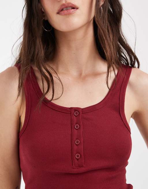 ASOS DESIGN canotta henley a coste con scollo rotondo in rosso scuro, 3 di 4
