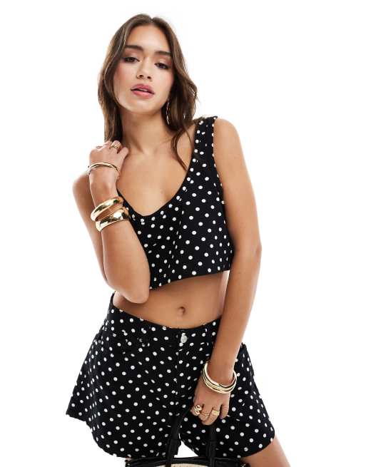 ASOS DESIGN - Canotta in denim a pois in coordinato