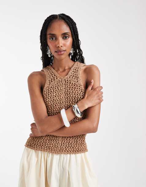 ASOS DESIGN - Canotta in filato con fettuccia e cuciture traforate color toffee - view 1