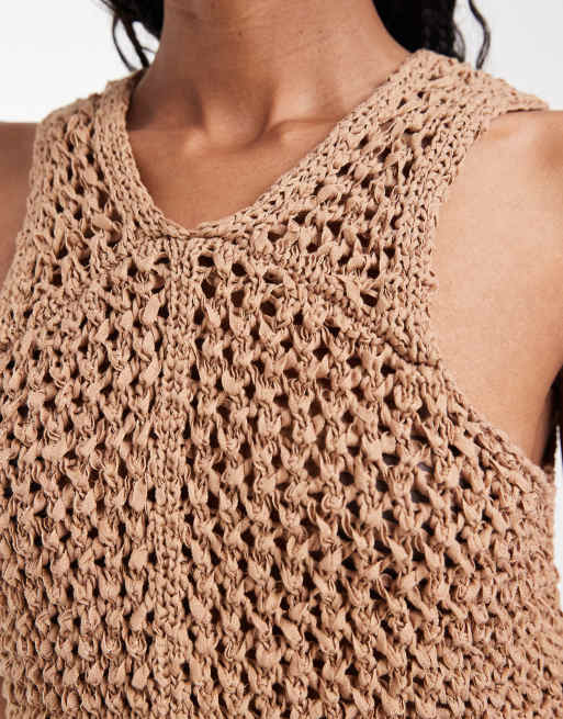 ASOS DESIGN - Canotta in filato con fettuccia e cuciture traforate color toffee, 4 di 8