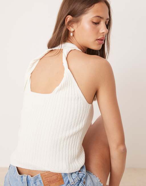 ASOS DESIGN - Canotta in maglia bouclé crema con spalline attorcigliate, 4 di 4