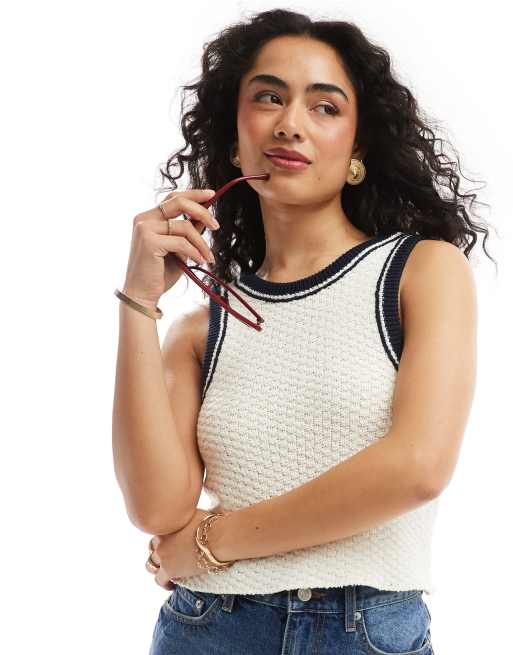 ASOS DESIGN - Canotta in maglia crema in filato testurizzato con profili a contrasto e scollo rotondo