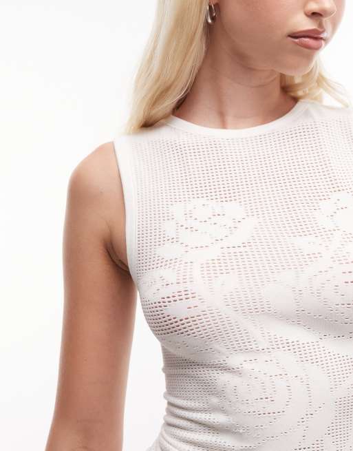 ASOS DESIGN - Canotta in maglia traforata bianca senza cuciture a fiori, 4 di 4