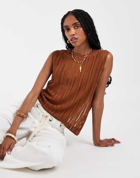 ASOS DESIGN - Canotta in maglia traforata trasparente color ruggine - view 1