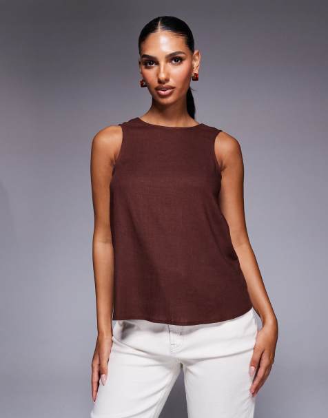 ASOS DESIGN - Canotta in misto lino color cioccolato con scollo rotondo sul retro - view 1