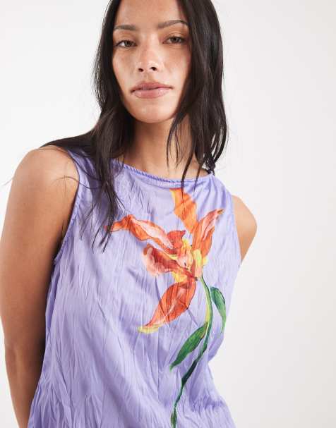 ASOS DESIGN - Canotta lilla stropicciata con grafica floreale - view 1